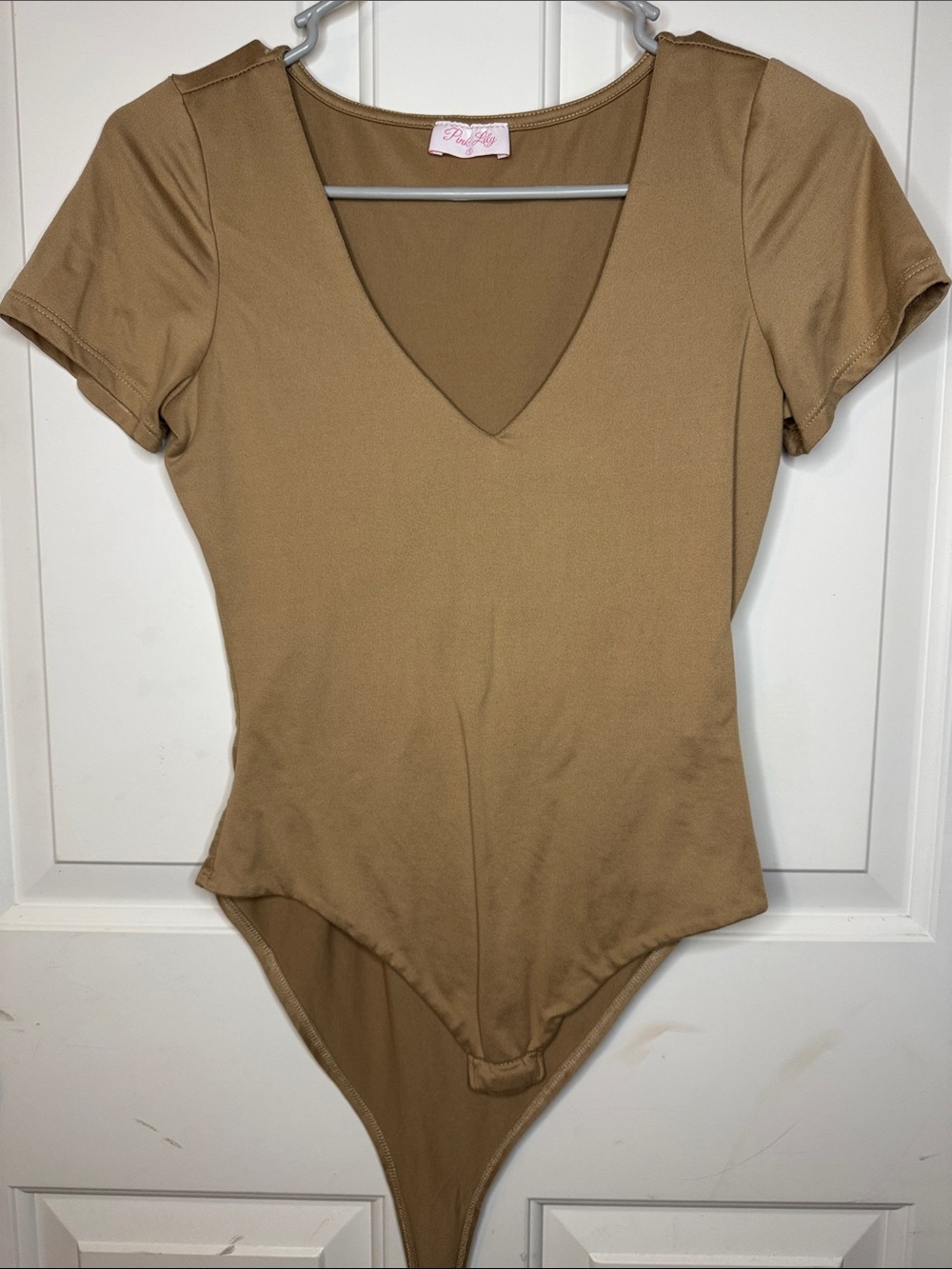 Pink Lily Camel V-Neck Short Sleeve Bodysuit